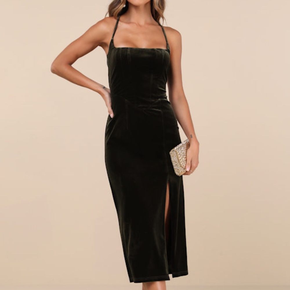Lulus Gorgeous Composure Olive Velvet Lace-up Sleeveless Midi Dress Green